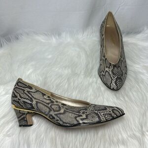 Magadesians Snake Leather Print Gold Trim Heels Sz 14 Wide Width